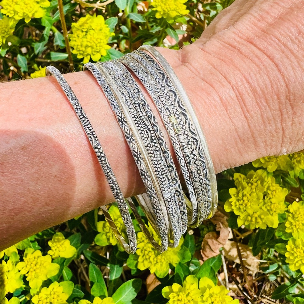 Vintage Sterling Silver Textured Bangle Bracelet Set - Women Jewelry